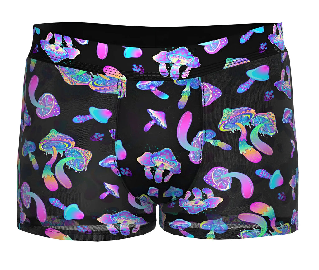 Black male power 145-294 hazy dayz pouch shorts with vibrant iridescent purple pink and blue mushroom pattern