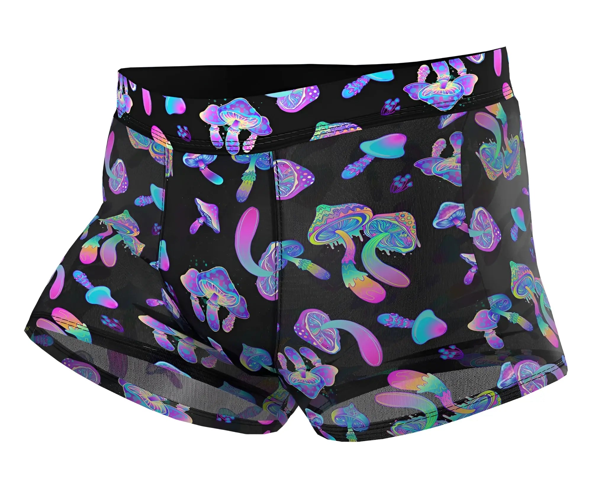 Male power 145-294 hazy dayz pouch shorts black mesh with vibrant iridescent purple pink and teal mushroom pattern