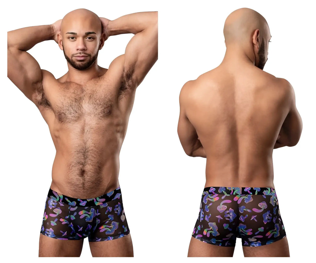 Black sheer boxer briefs with vibrant purple pink and blue abstract pattern from male power 145-294 hazy dayz pouch short color mushrooms