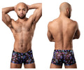 Black sheer boxer briefs with vibrant purple pink and blue abstract pattern from male power 145-294 hazy dayz pouch short color mushrooms