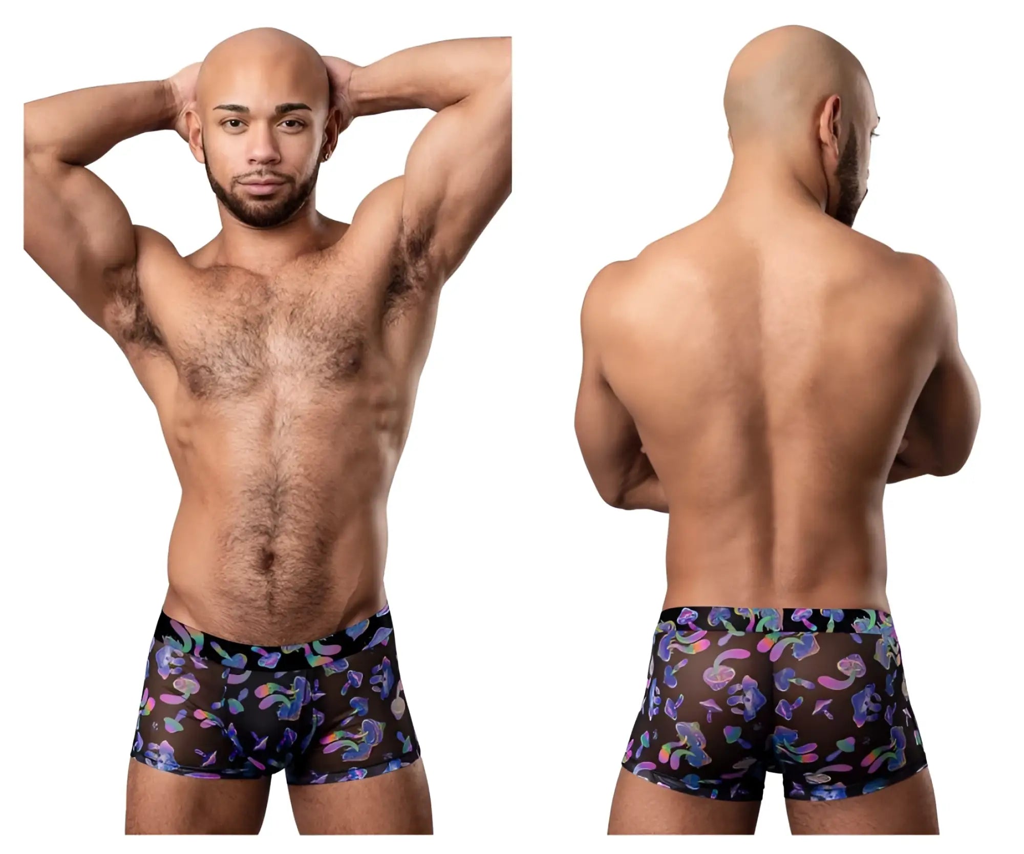 Black sheer boxer briefs with vibrant purple pink and blue abstract pattern from male power 145-294 hazy dayz pouch short color mushrooms