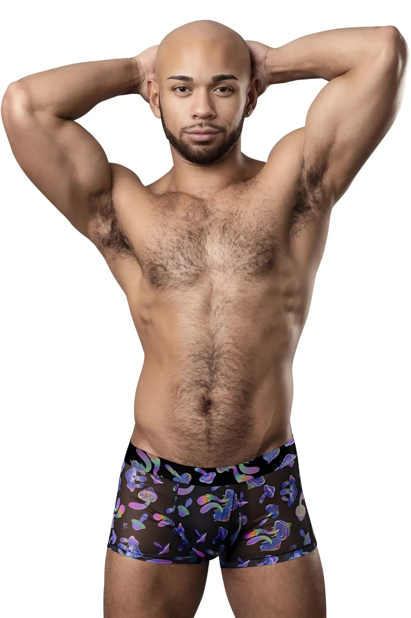 Male power 145-294 hazy dayz pouch short black briefs with vibrant iridescent purple and blue floral pattern mushrooms