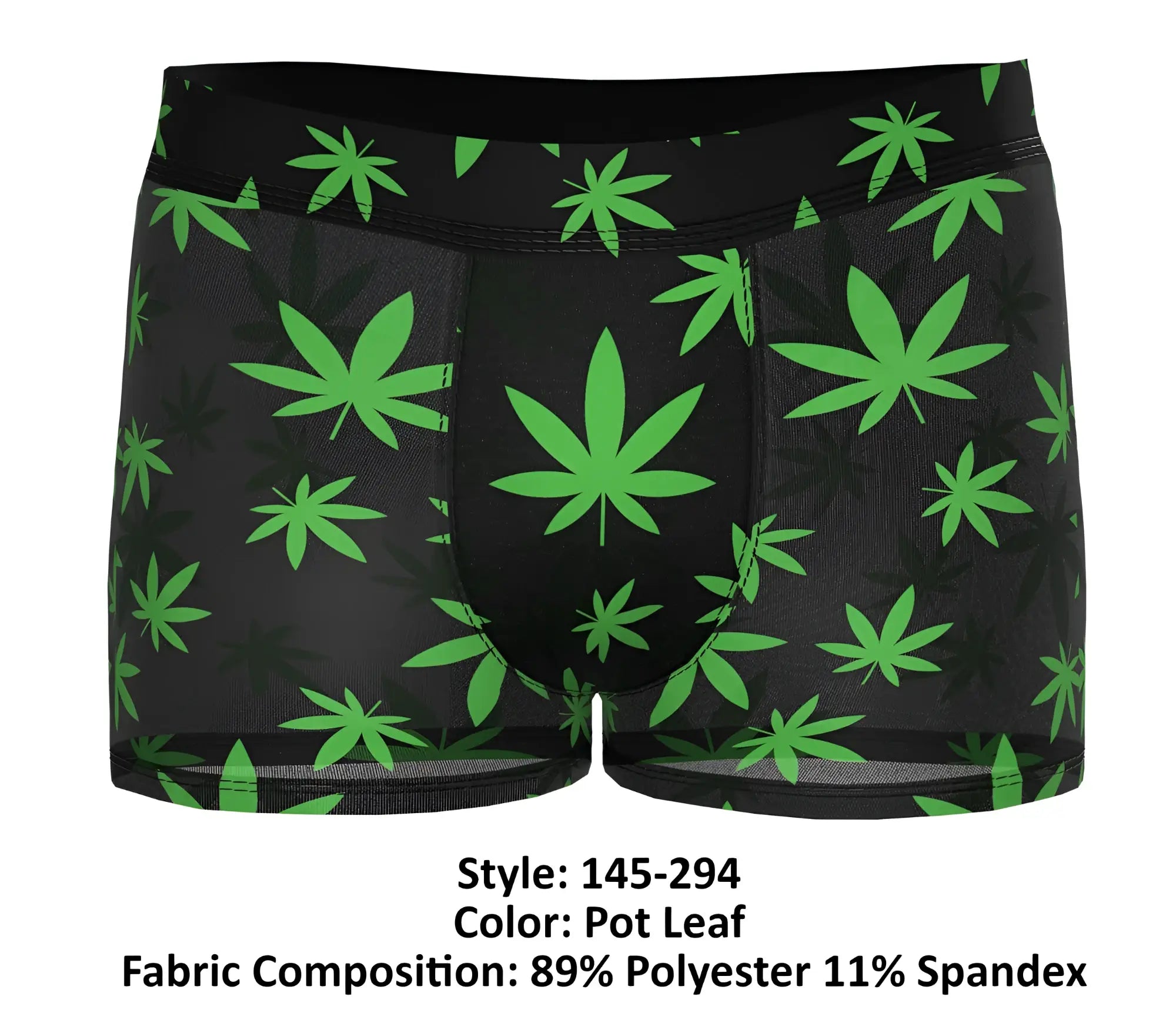 Male power 145-294 hazy dayz black boxer briefs with vibrant green pot leaf pattern printed on soft fabric
