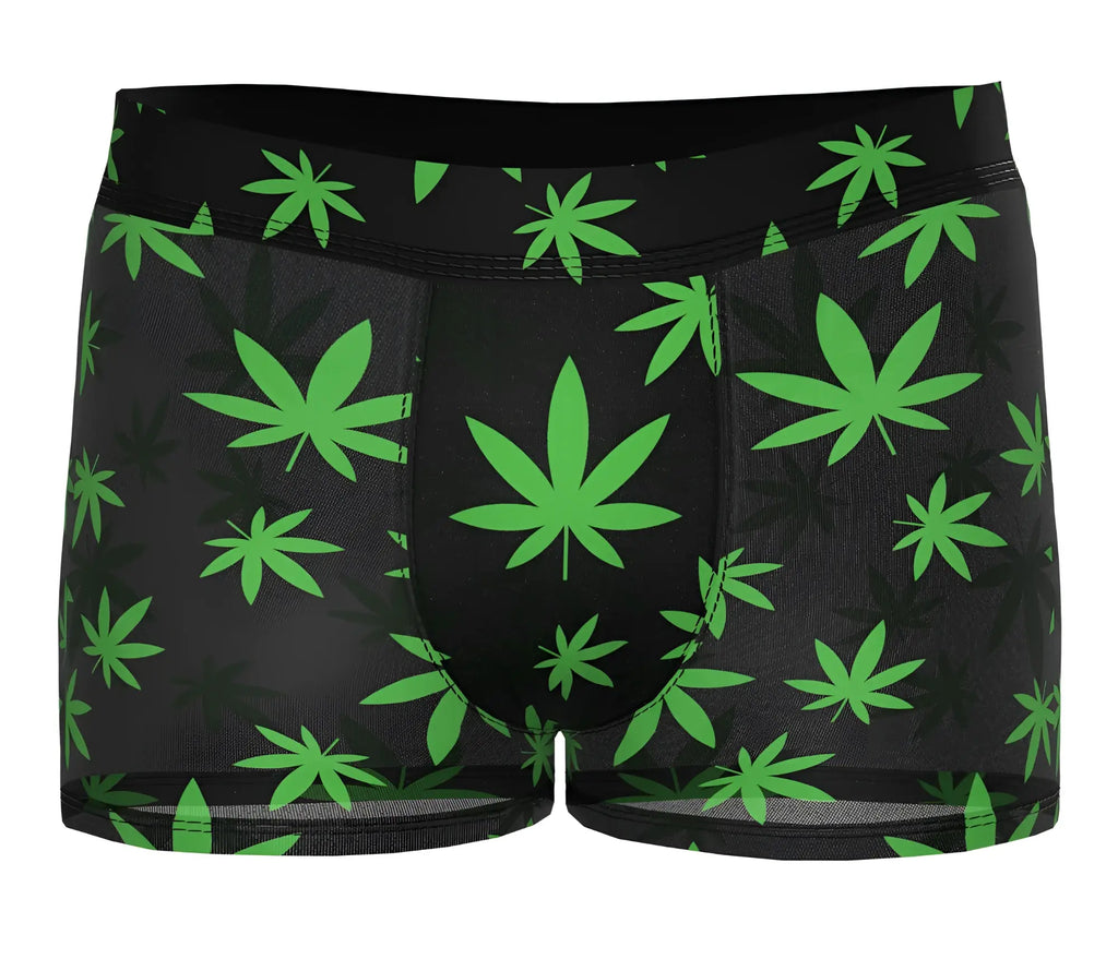 Black male power 145-294 hazy dayz pouch shorts with vibrant green cannabis leaf pattern boxer briefs
