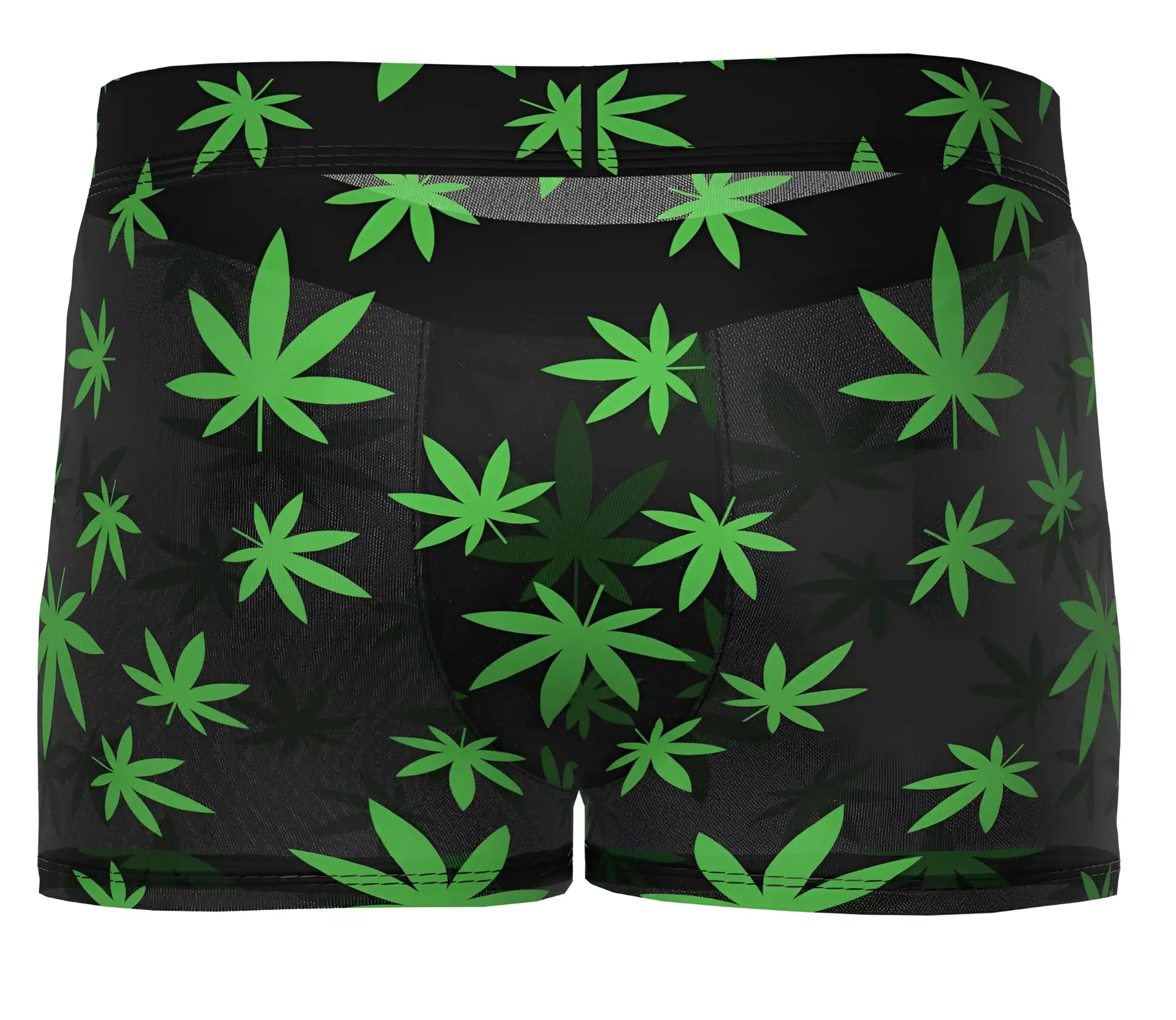 Black boxer briefs by male power with vibrant green cannabis leaf pattern in hazy dayz pouch short style pot leaf color
