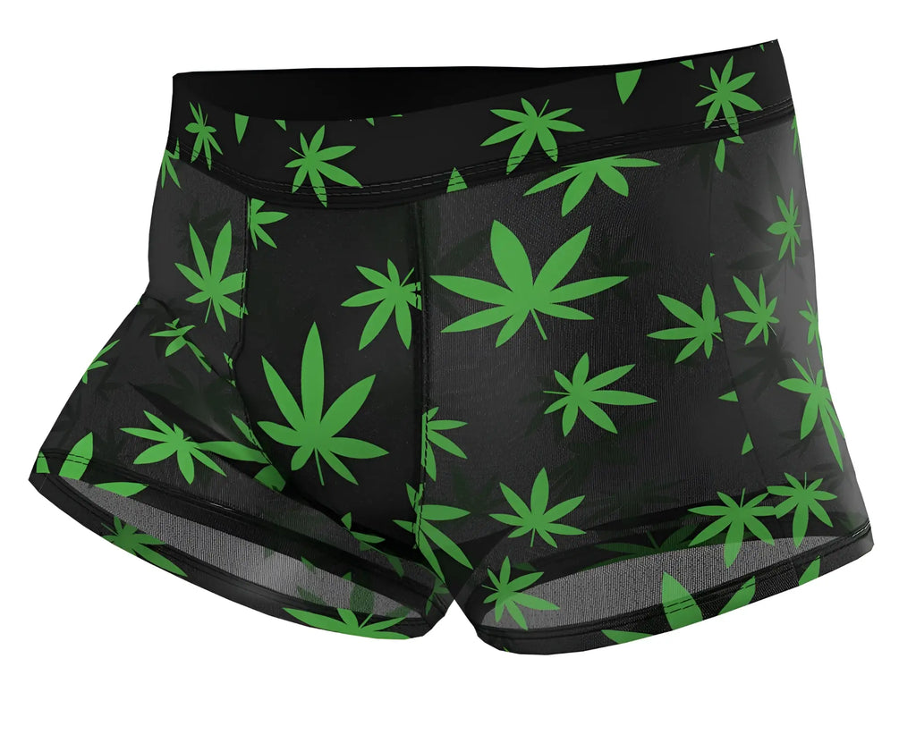 Male power 145-294 hazy dayz pouch short boxer briefs in black with vibrant green cannabis leaf pattern