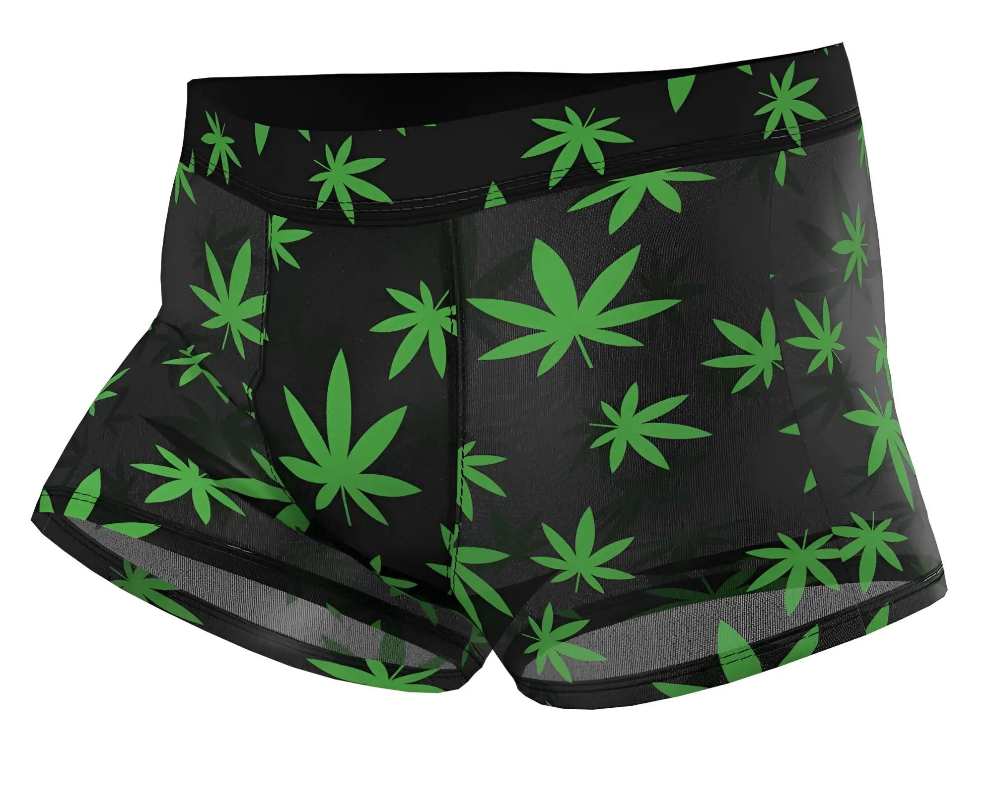 Male power 145-294 hazy dayz pouch short boxer briefs in black with vibrant green cannabis leaf pattern