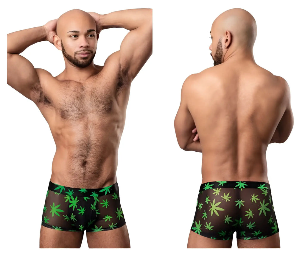 Black sheer boxer briefs with vibrant green marijuana leaf pattern from male power hazy dayz pouch short color pot leaf