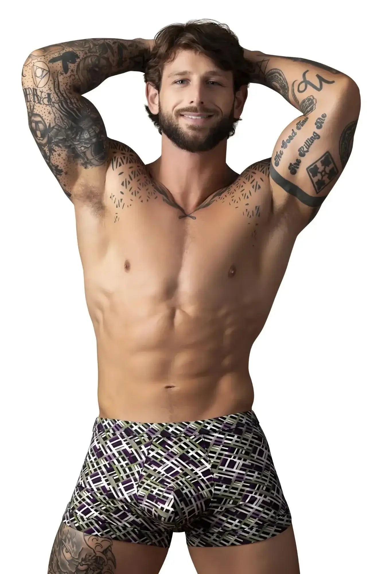 Male power 148-303 gridlocked strappy back men’s briefs with black white and green geometric print shown from the back