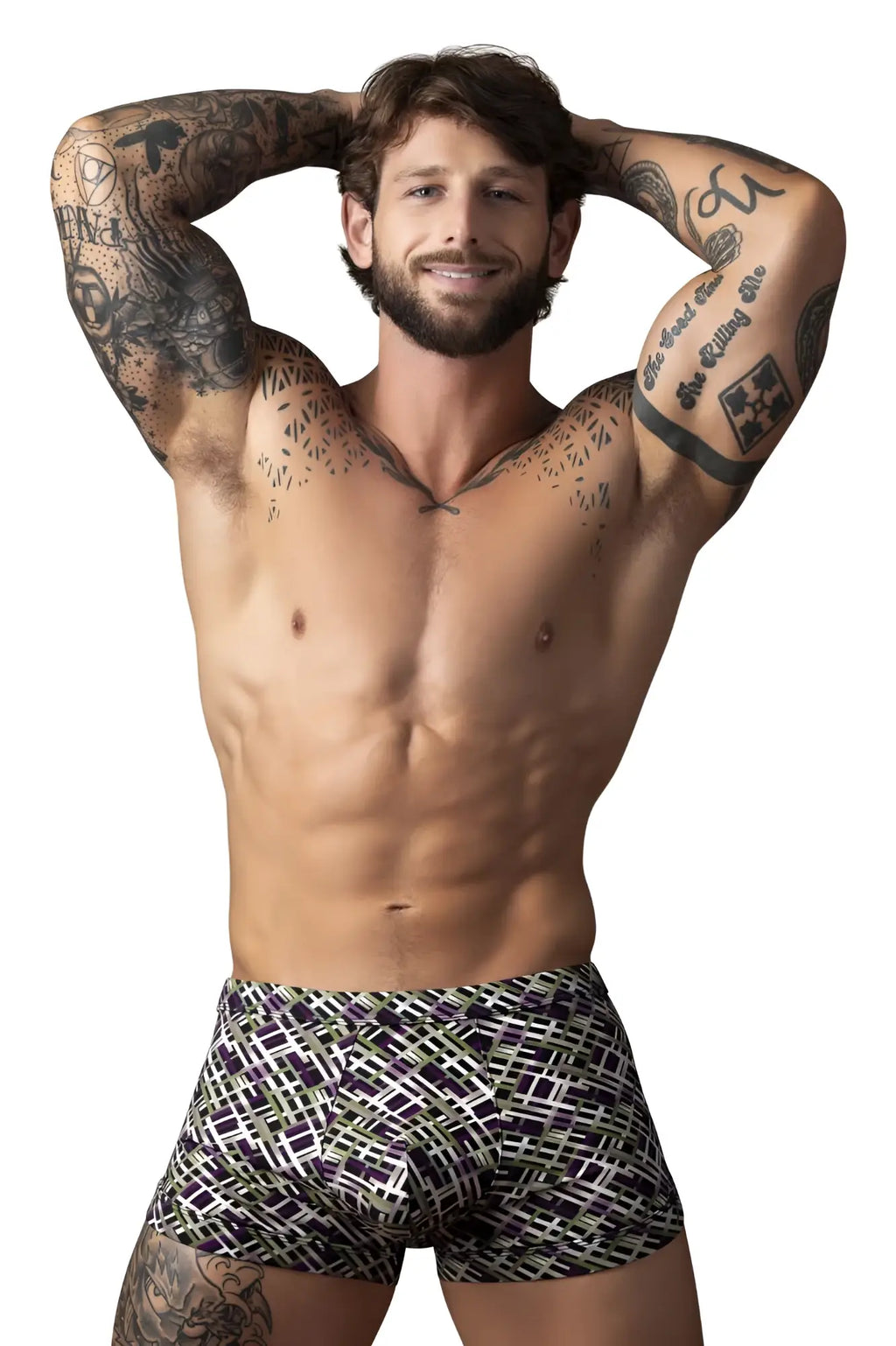 Male power 148-303 gridlocked strappy back men’s briefs with black white and green geometric print shown from the back