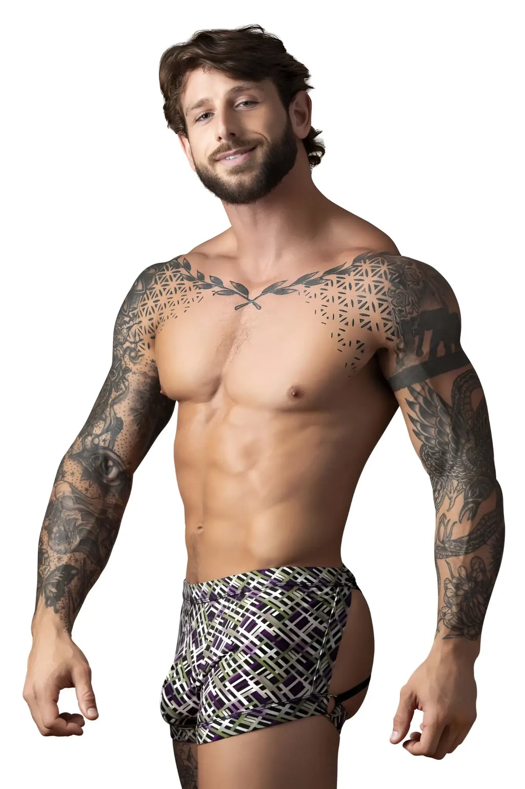 Men’s briefs with black white and green geometric pattern featuring strappy back design by male power