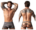 Black and white patterned briefs with black cross-back straps showing the back side of male power gridlocked strappy back short