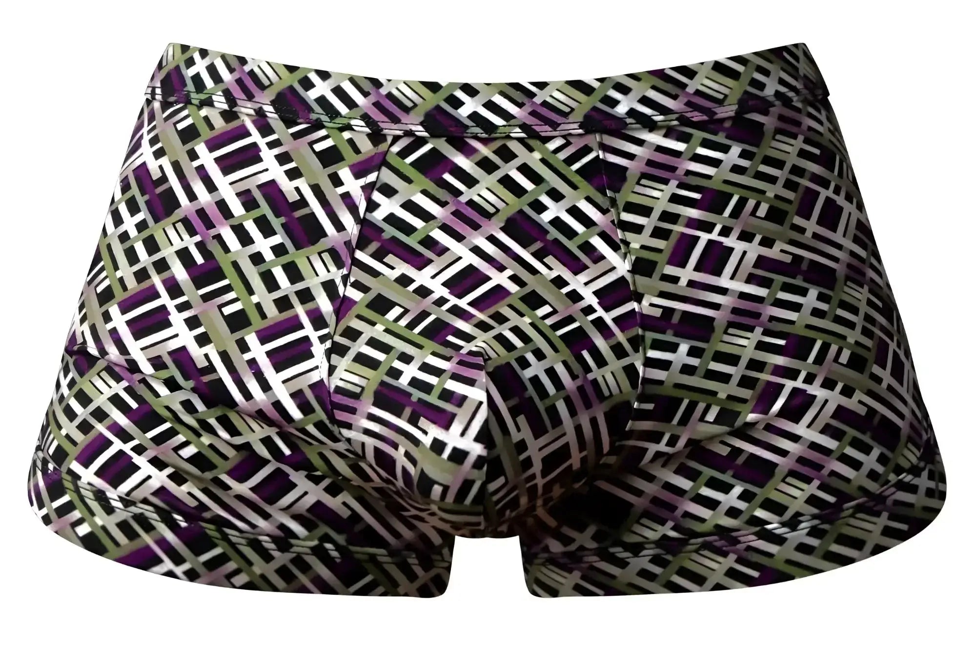 Purple white and olive green geometric patterned men’s briefs with strappy back by Male Power model 148-303 gridlocked short