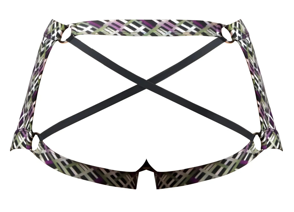 Purple and green geometric patterned male power 148-303 gridlocked strappy back short showing black crisscross straps