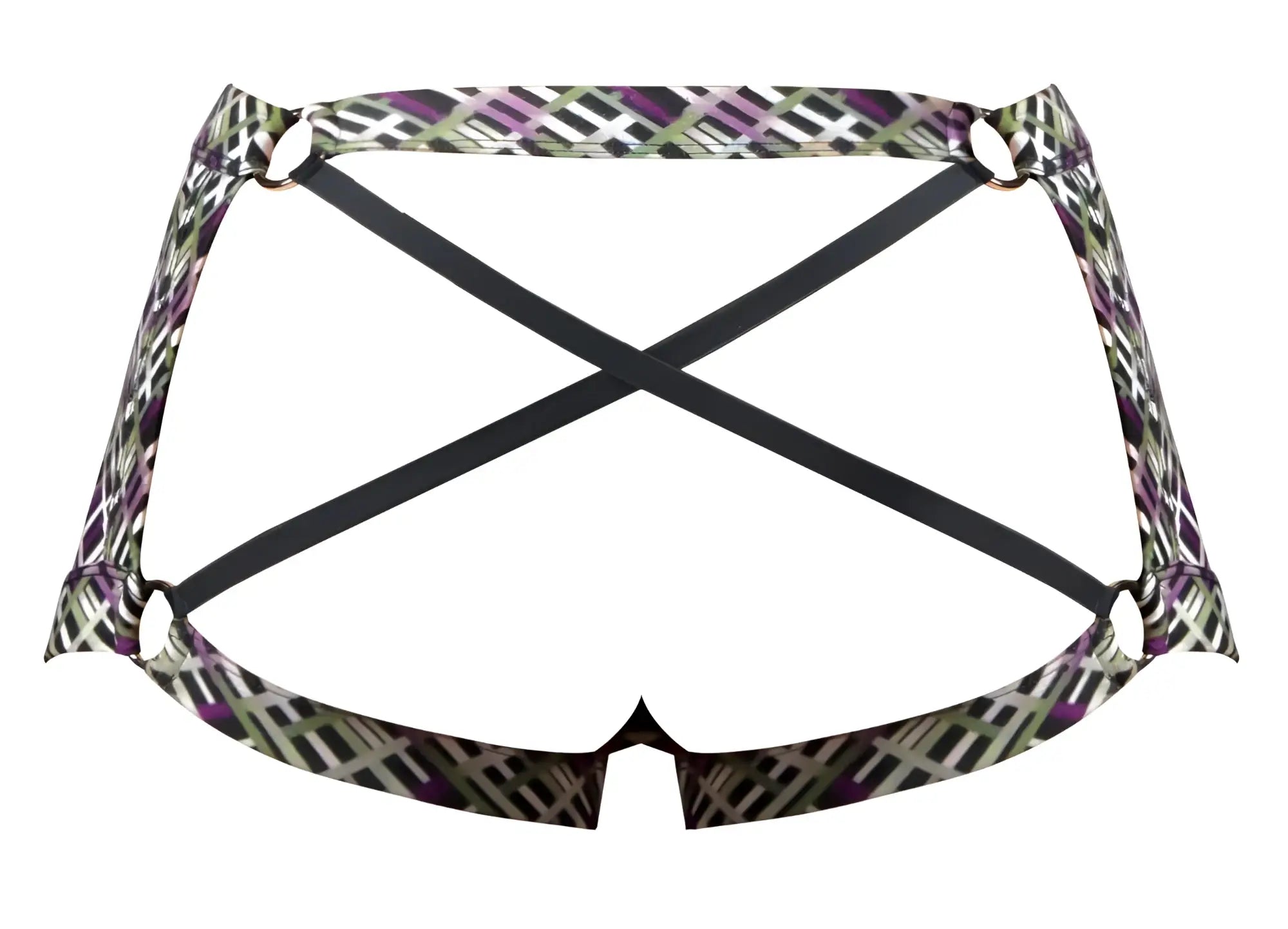 Purple and green geometric patterned male power 148-303 gridlocked strappy back short showing black crisscross straps