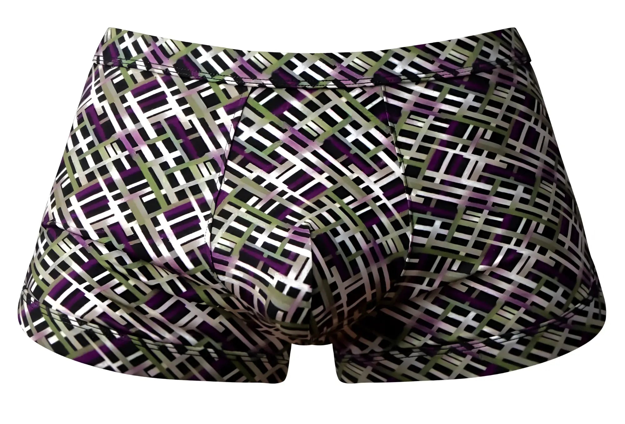 Purple white and olive green geometric patterned men’s briefs with strappy back by Male Power model 148-303 gridlocked short
