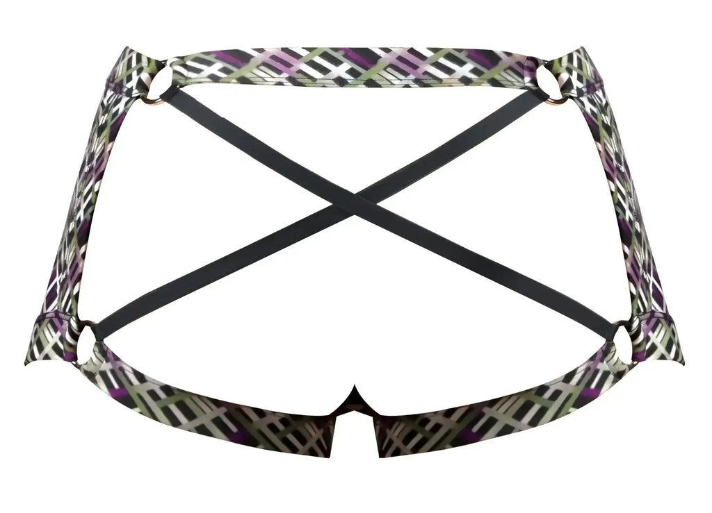 Purple and green geometric patterned male power 148-303 gridlocked strappy back short showing black crisscross straps