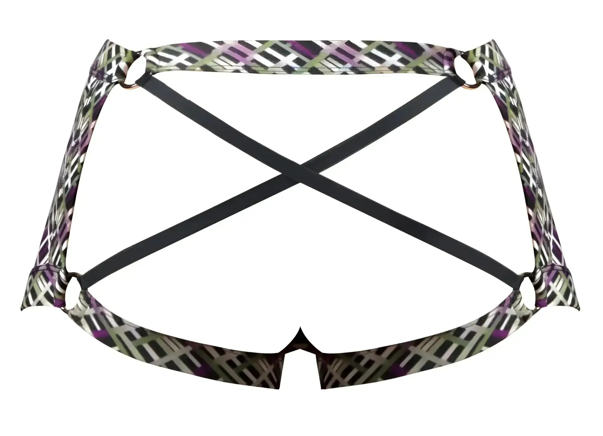 Purple and green geometric patterned male power 148-303 gridlocked strappy back short showing black crisscross straps