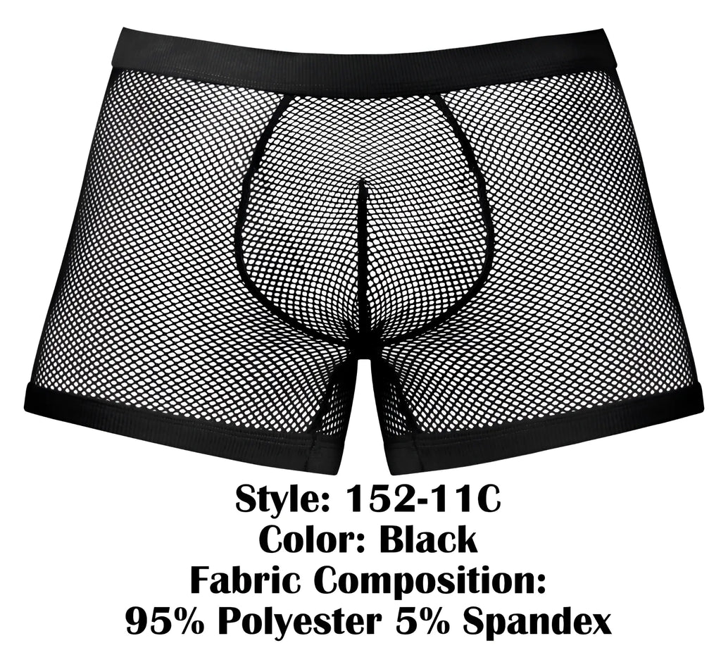 Male power 152-11c fishnet black mesh boxer briefs with reinforced waistband made of 95 polyester and 5 spandex