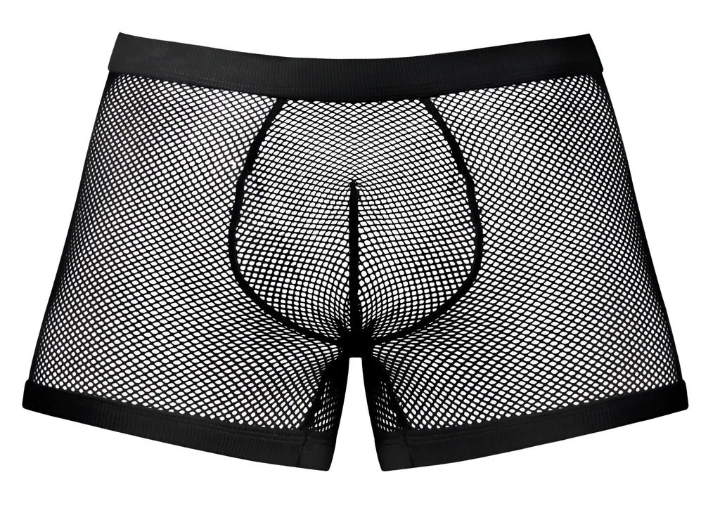 Male power 152-11c fishnet boxer briefs in black with mesh fabric and solid black elastic waistband and leg openings