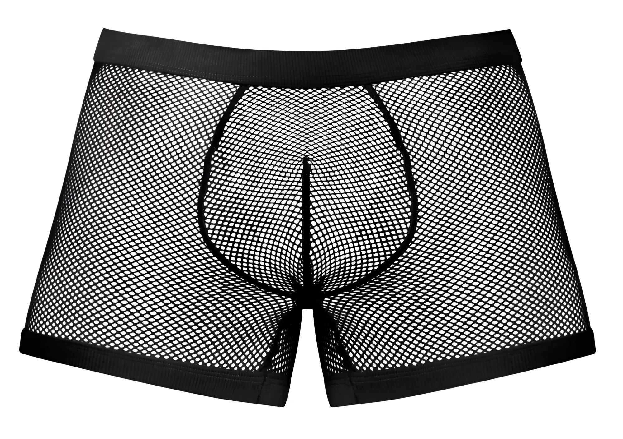 Male power 152-11c fishnet boxer briefs in black with mesh fabric and solid black elastic waistband and leg openings