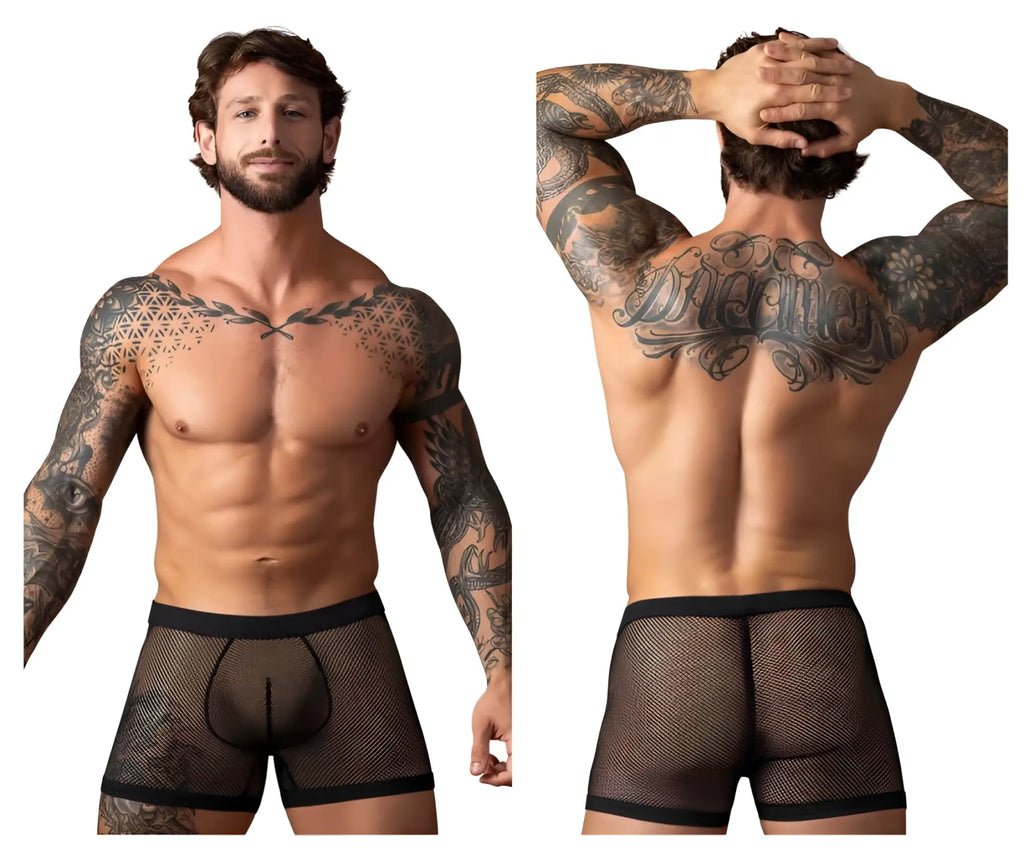 Black mesh male power 152-11c fishnet boxer briefs with solid black waistband and leg openings