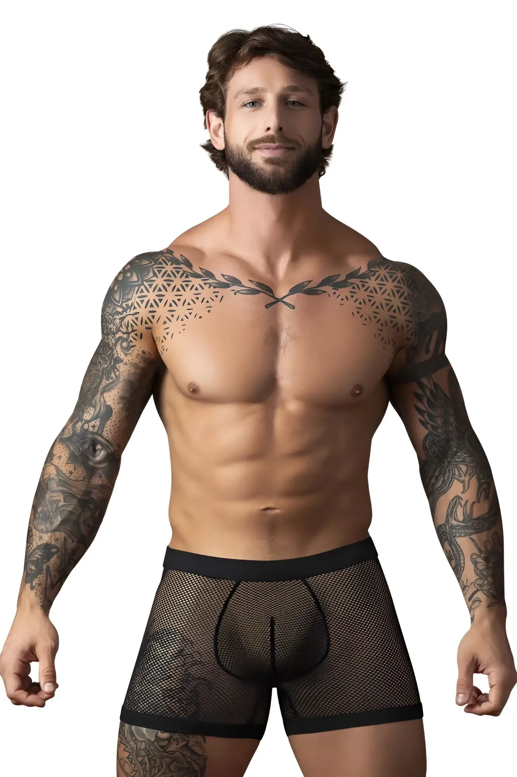 Male Power 152-11C fishnet black mesh boxer briefs with a solid black waistband and two pouch design