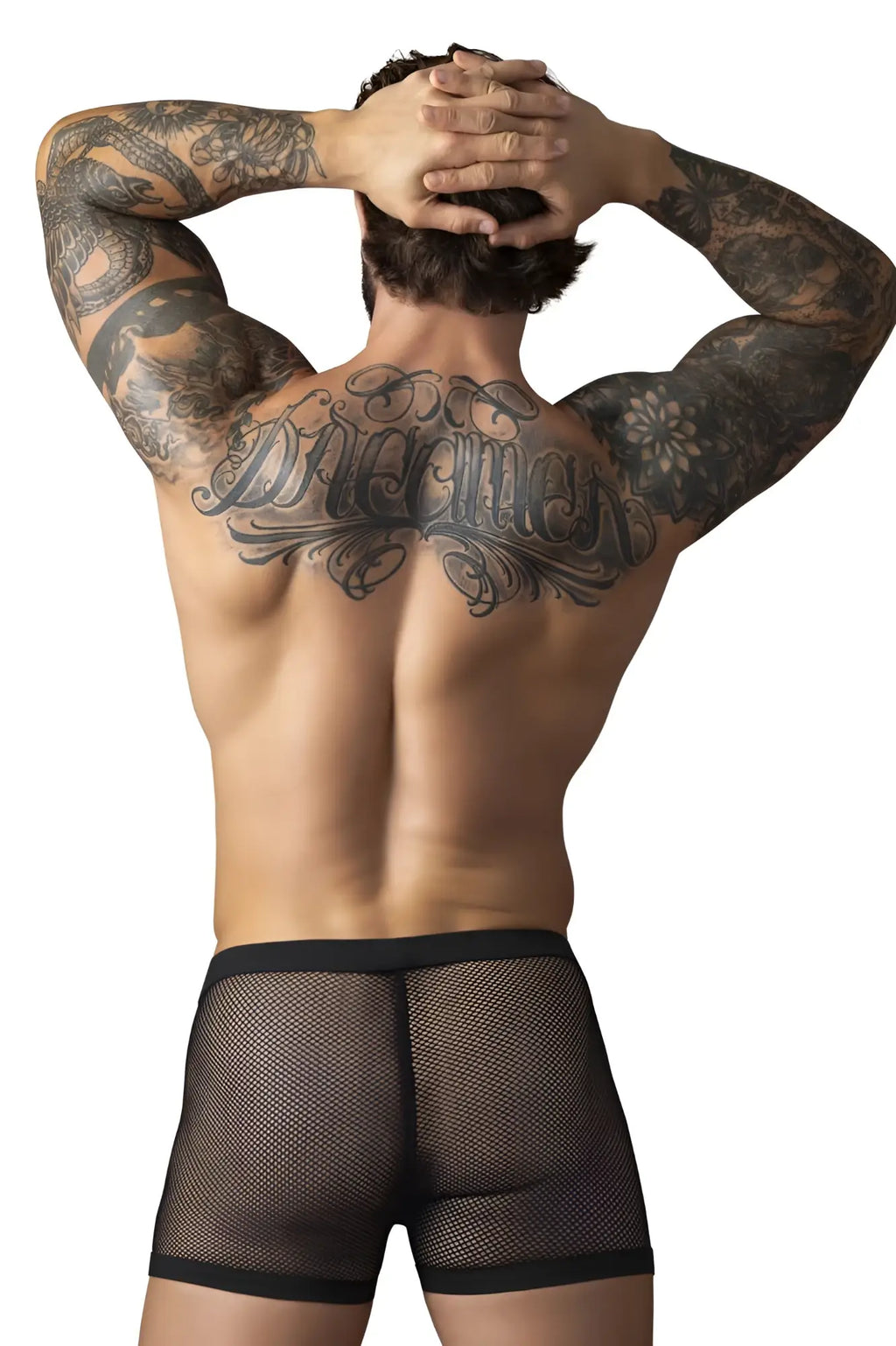 Male Power 152-11C black fishnet mesh briefs with solid black waistband and pouch for men