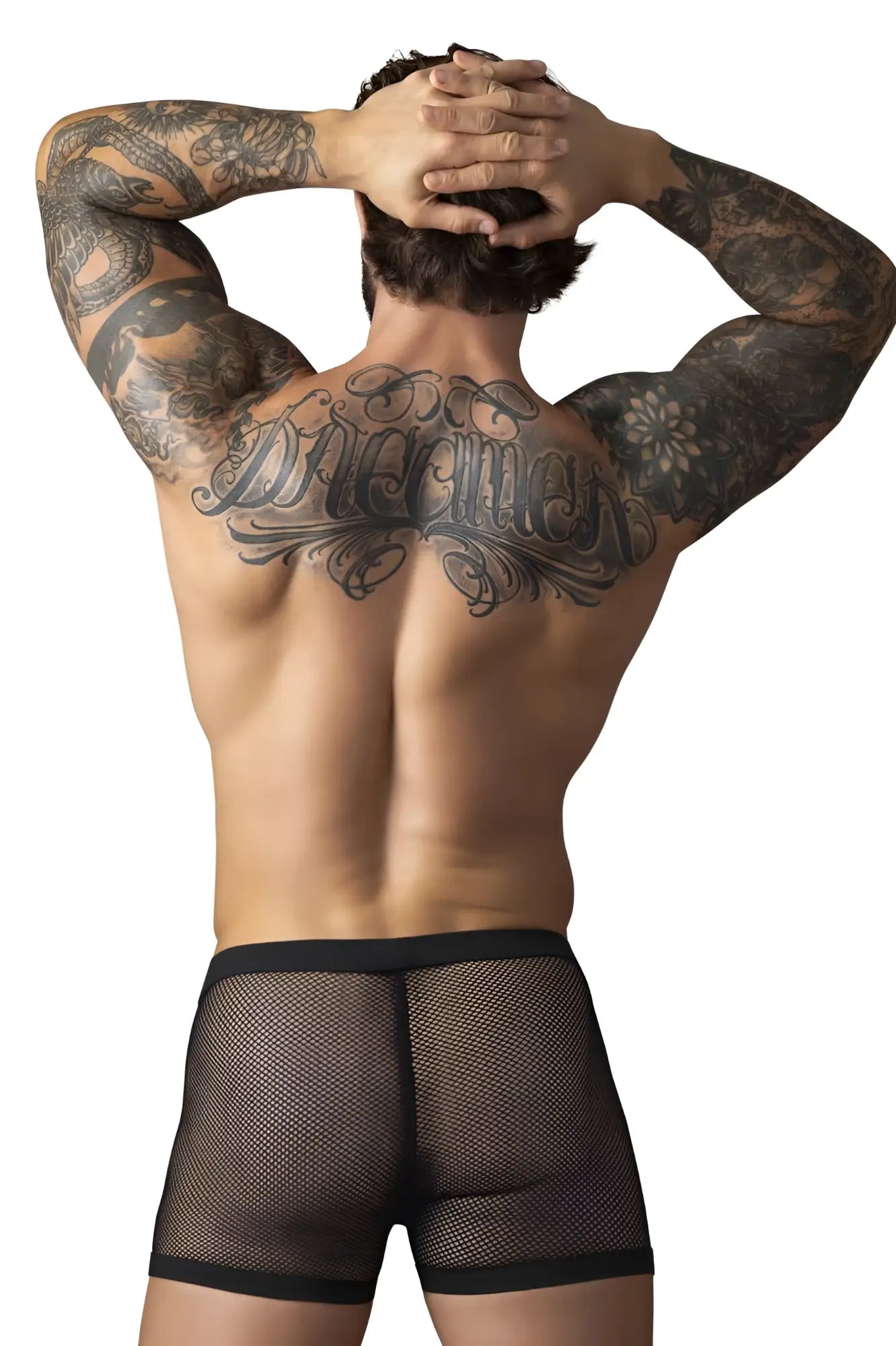 Male Power 152-11C black fishnet mesh briefs with solid black waistband and pouch for men