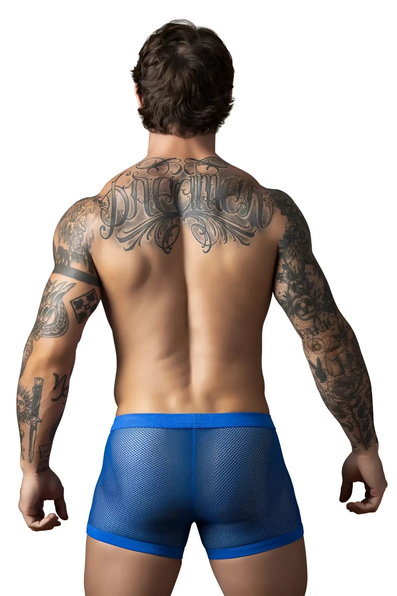 Male Power 152-11C royal blue fishnet boxer briefs with solid waistband and two pouch design in mesh material