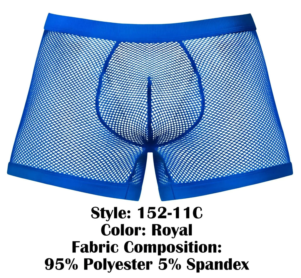 Royal blue mesh men’s boxer briefs with solid waistband and leg openings made of 95 polyester 5 spandex