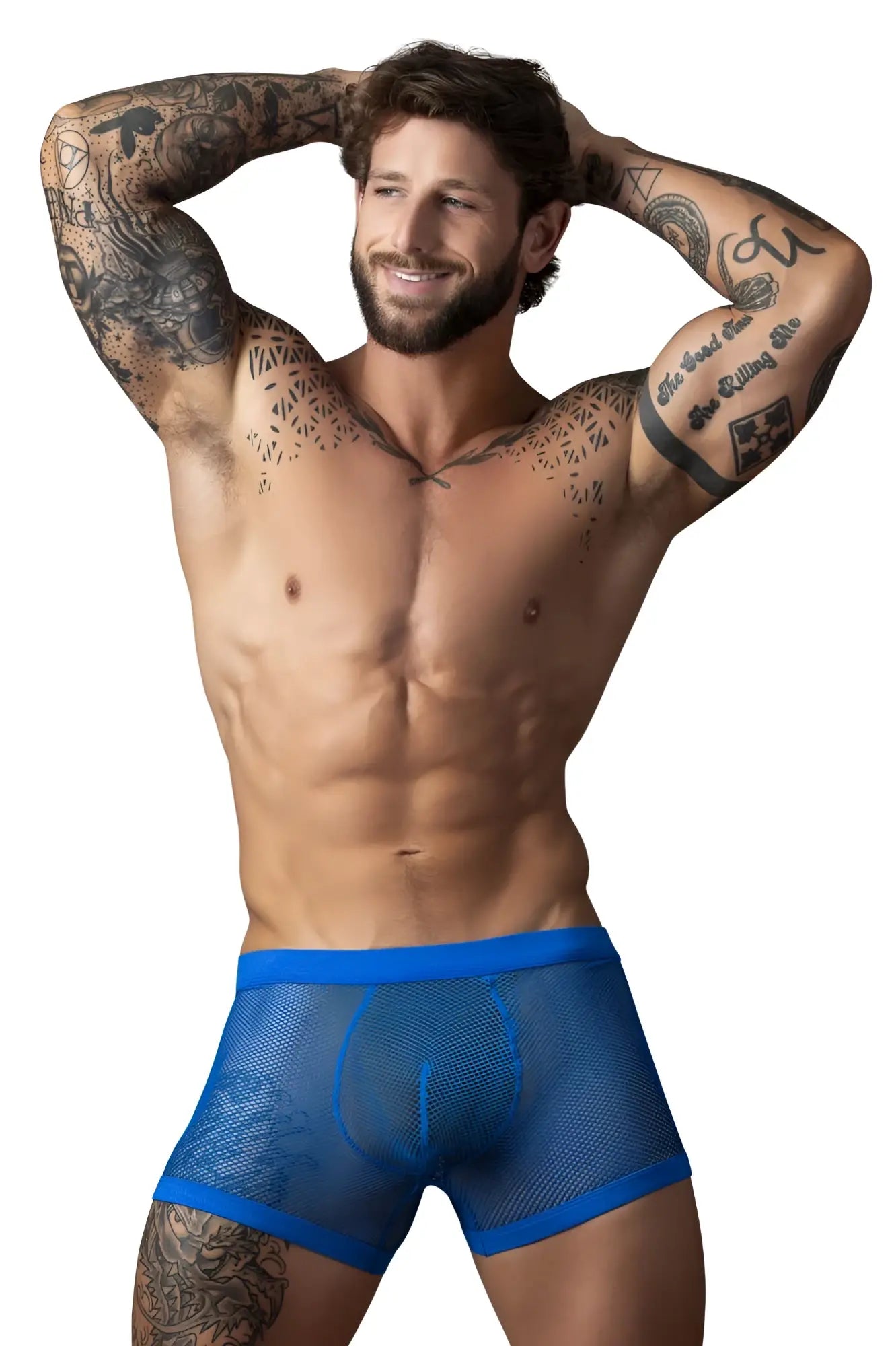 Male power 152-11c fishnet blue mesh boxer briefs with solid blue trim and dual pouch design in royal color