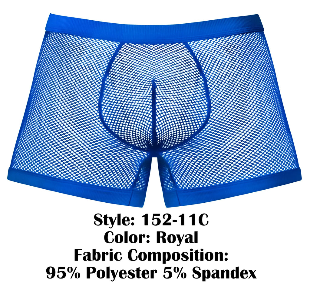 Royal blue mesh men’s boxer briefs with solid waistband and leg openings made of 95 polyester 5 spandex