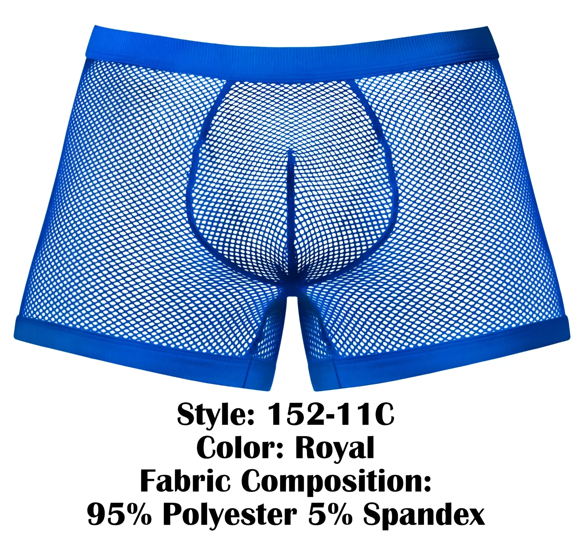 Royal blue mesh men’s boxer briefs with solid waistband and leg openings made of 95 polyester 5 spandex
