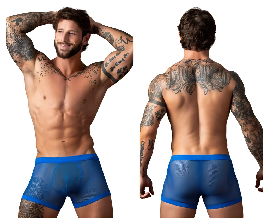 Male power 152-11c royal blue fishnet mesh briefs with solid waistband and two pouch design