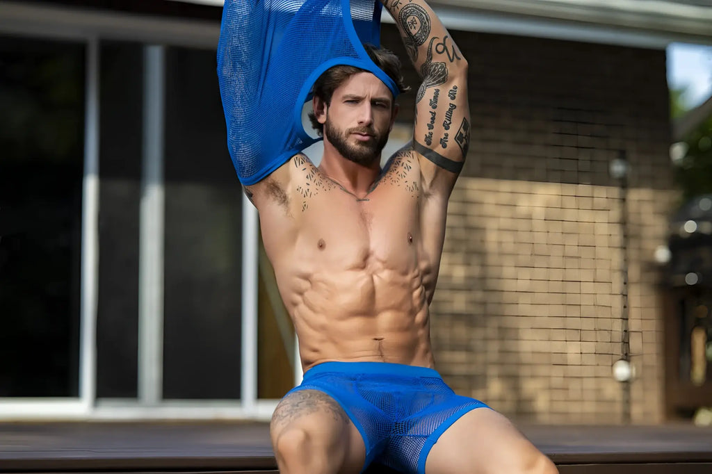 Male power 152-11c royal blue fishnet swim trunks with pouch feature made from mesh material