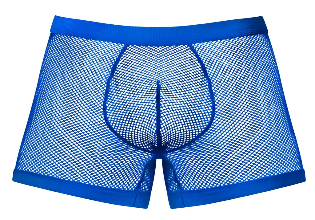 Male power 152-11c fishnet boxer briefs in royal blue with bright mesh and solid waistband and leg openings