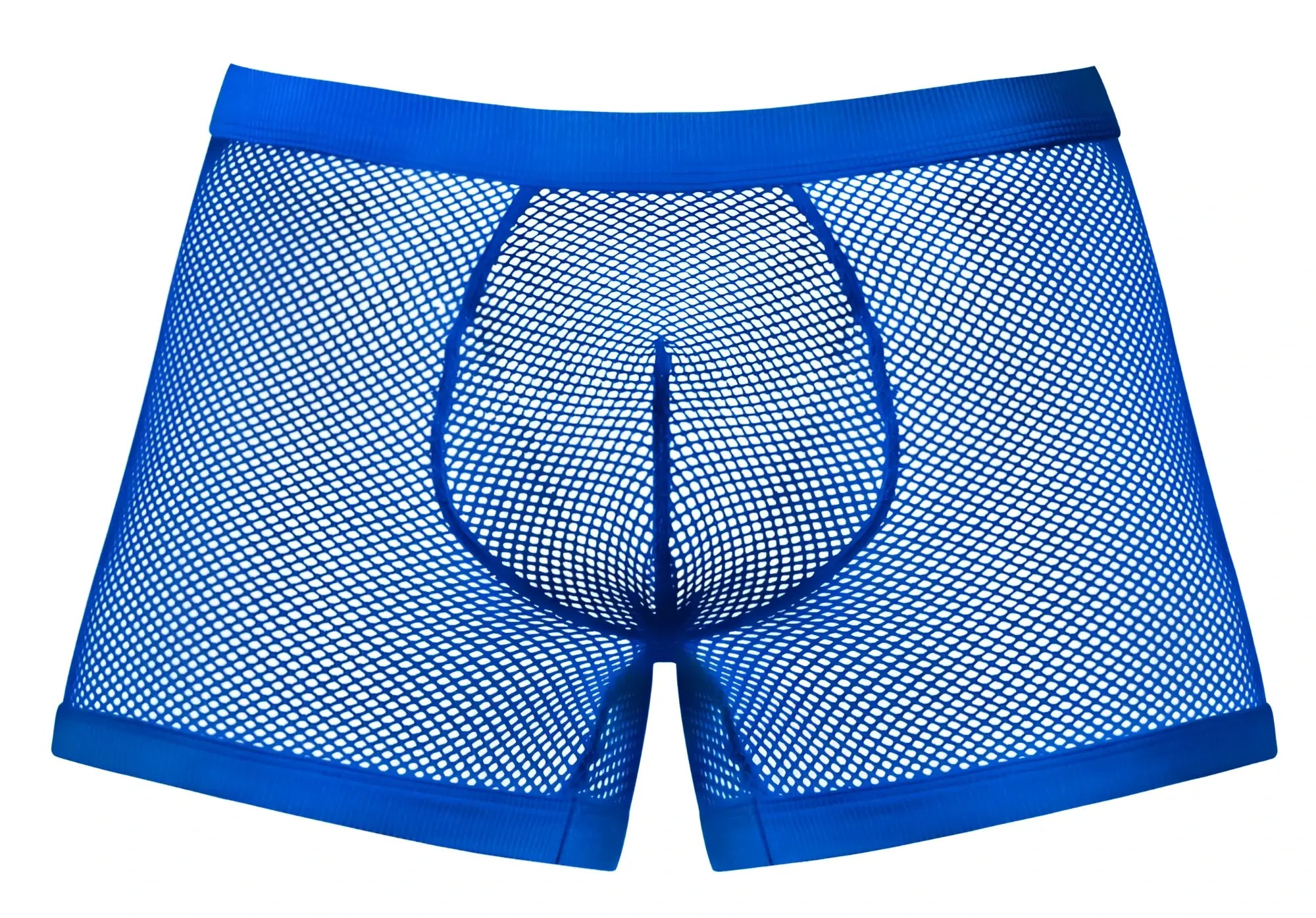 Male power 152-11c fishnet boxer briefs in royal blue with bright mesh and solid waistband and leg openings