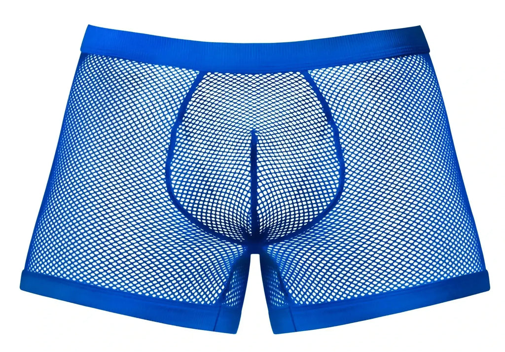 Male power 152-11c fishnet boxer briefs in royal blue with bright mesh and solid waistband and leg openings