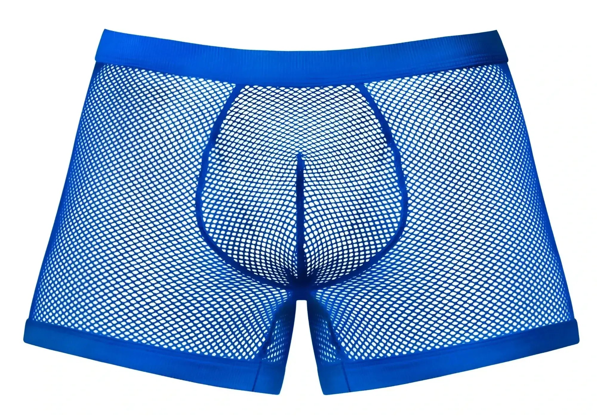 Male power 152-11c fishnet boxer briefs in royal blue with bright mesh and solid waistband and leg openings