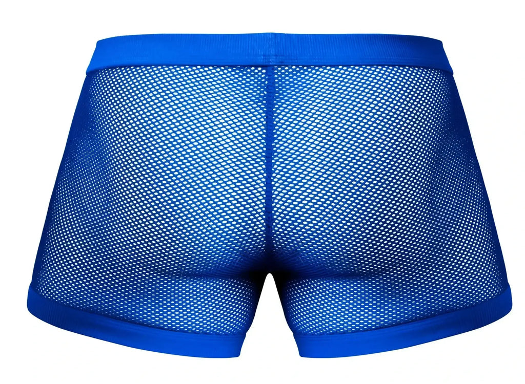 Male power 152-11c fishnet 2 pouch shorts in royal blue bright mesh with solid waistband and hem