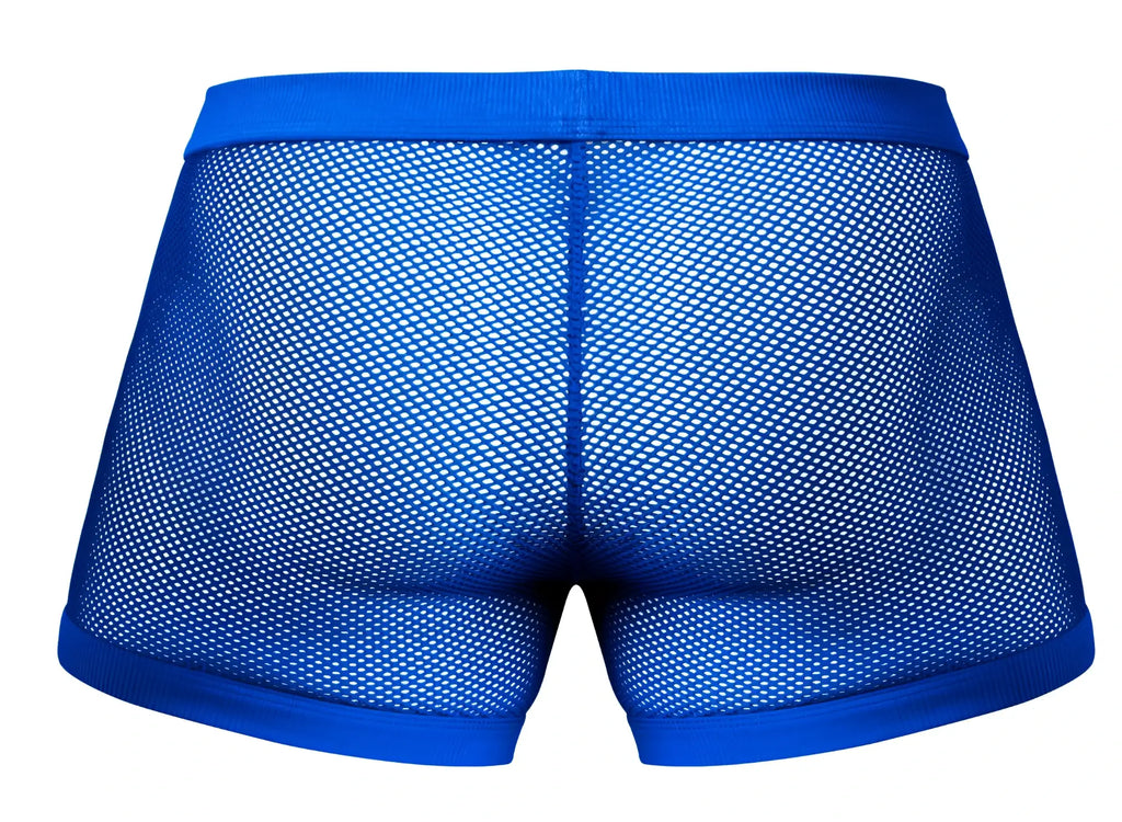 Male power 152-11c fishnet 2 pouch shorts in royal blue bright mesh with solid waistband and hem