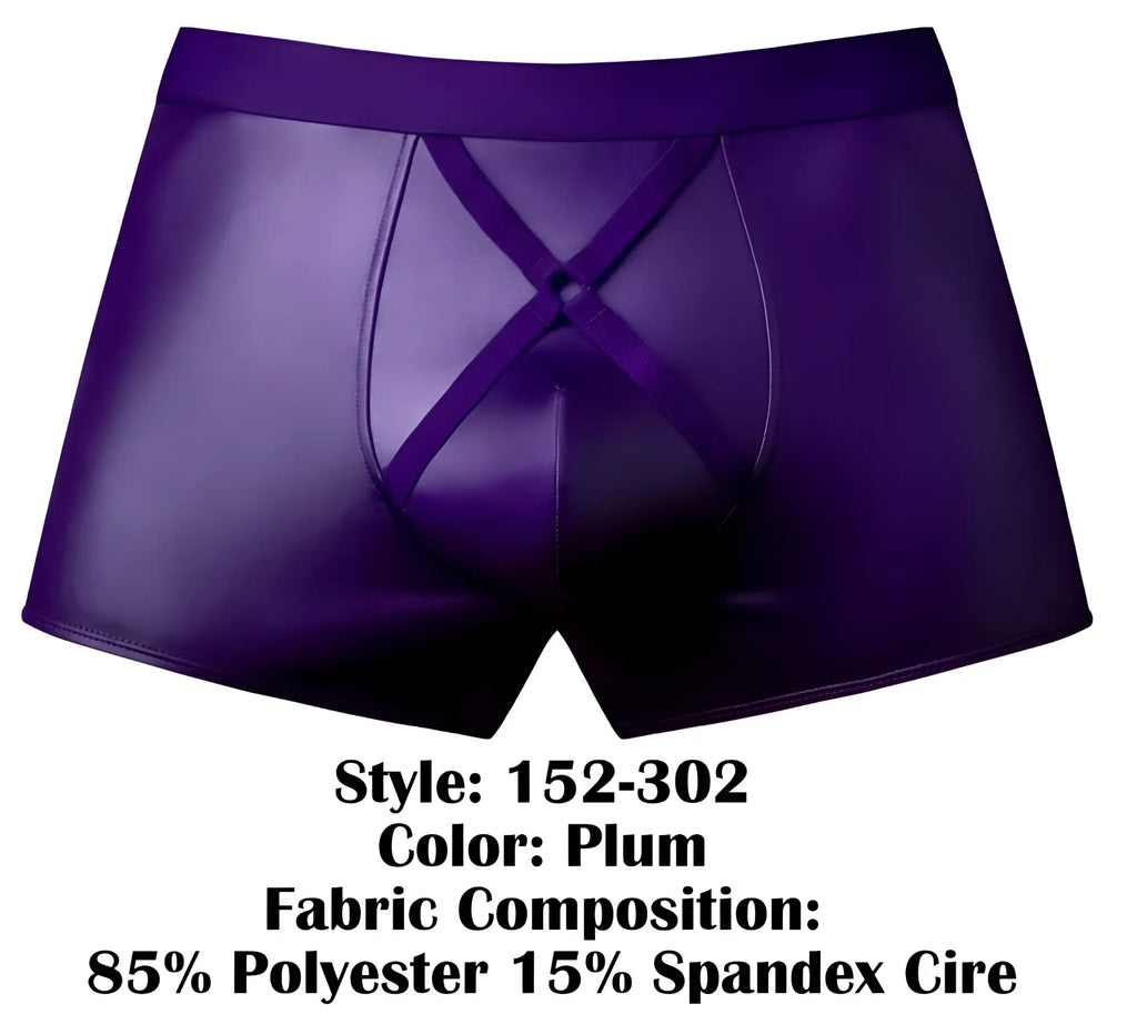 Male power 152-302 eggplant crossover short plum shiny faux leather boxer briefs with distinctive crisscross front design