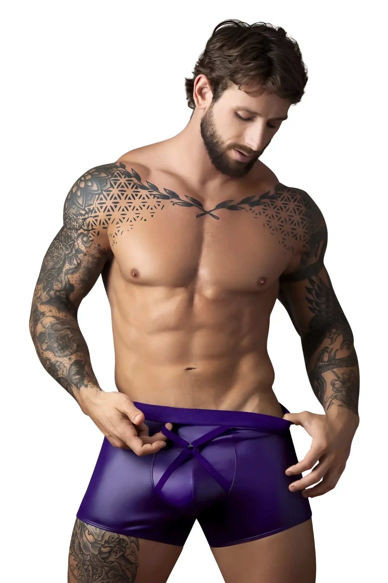 Male power 152-302 eggplant crossover short plum color purple patent leather briefs with front tie closure