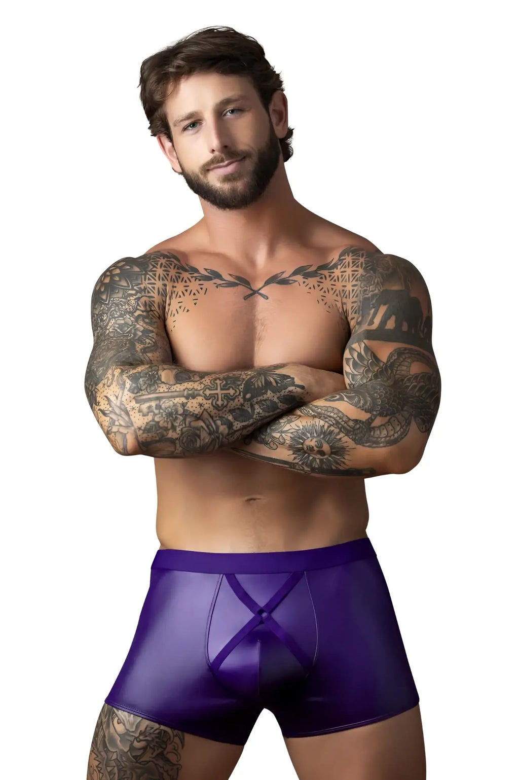 Purple satin male briefs with a crossover front design from male power in eggplant color