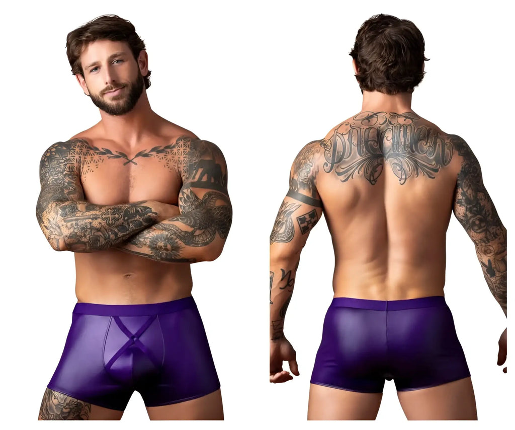 Male power 152-302 eggplant crossover short plum shiny purple faux leather briefs with central x-shaped design front