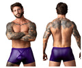 Male power 152-302 eggplant crossover short plum shiny purple faux leather briefs with central x-shaped design front