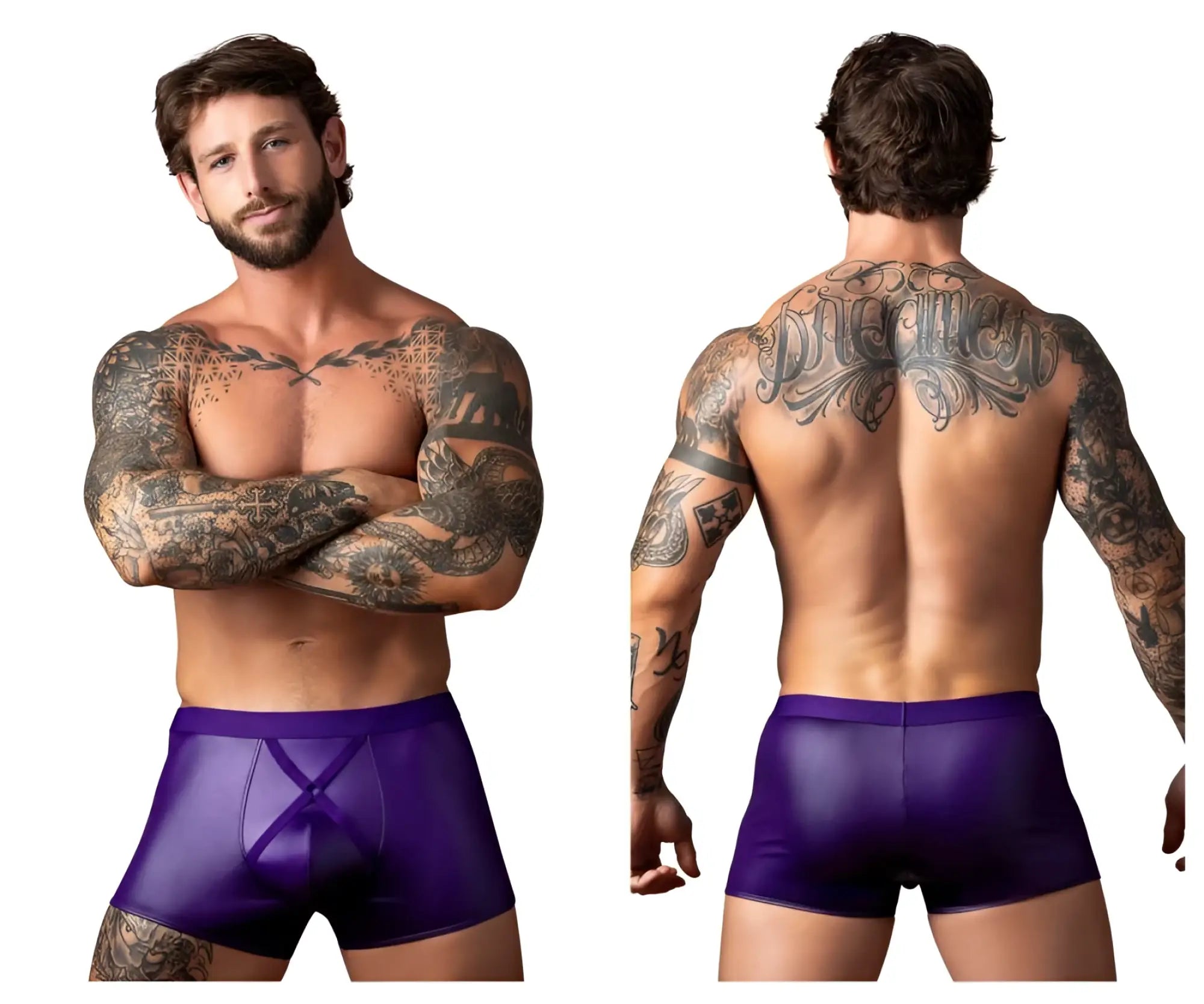 Male power 152-302 eggplant crossover short plum shiny purple faux leather briefs with central x-shaped design front