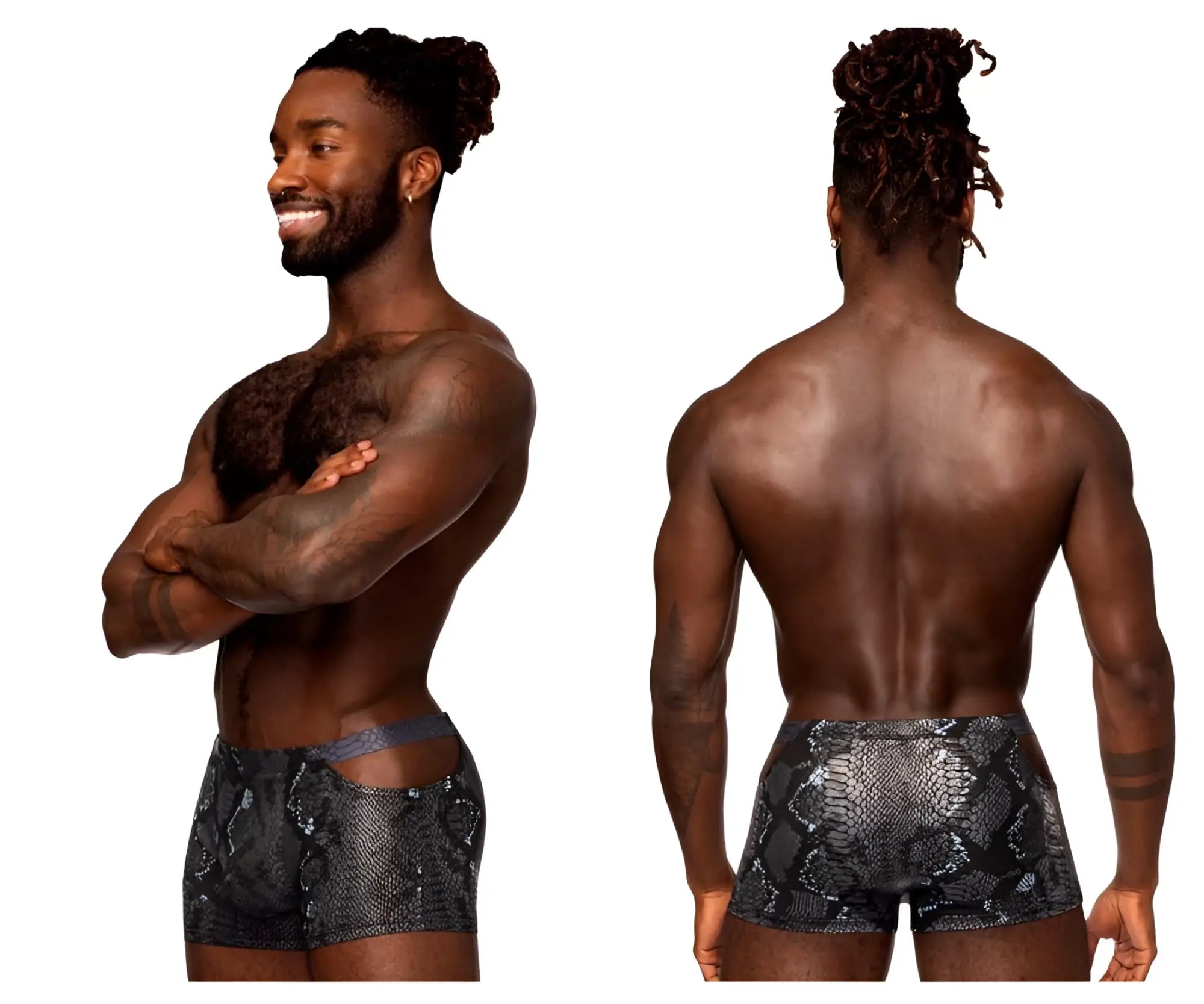 Male power 153-282 s-naked pouch short men’s briefs in black and blue snake-scale pattern with a sleek design