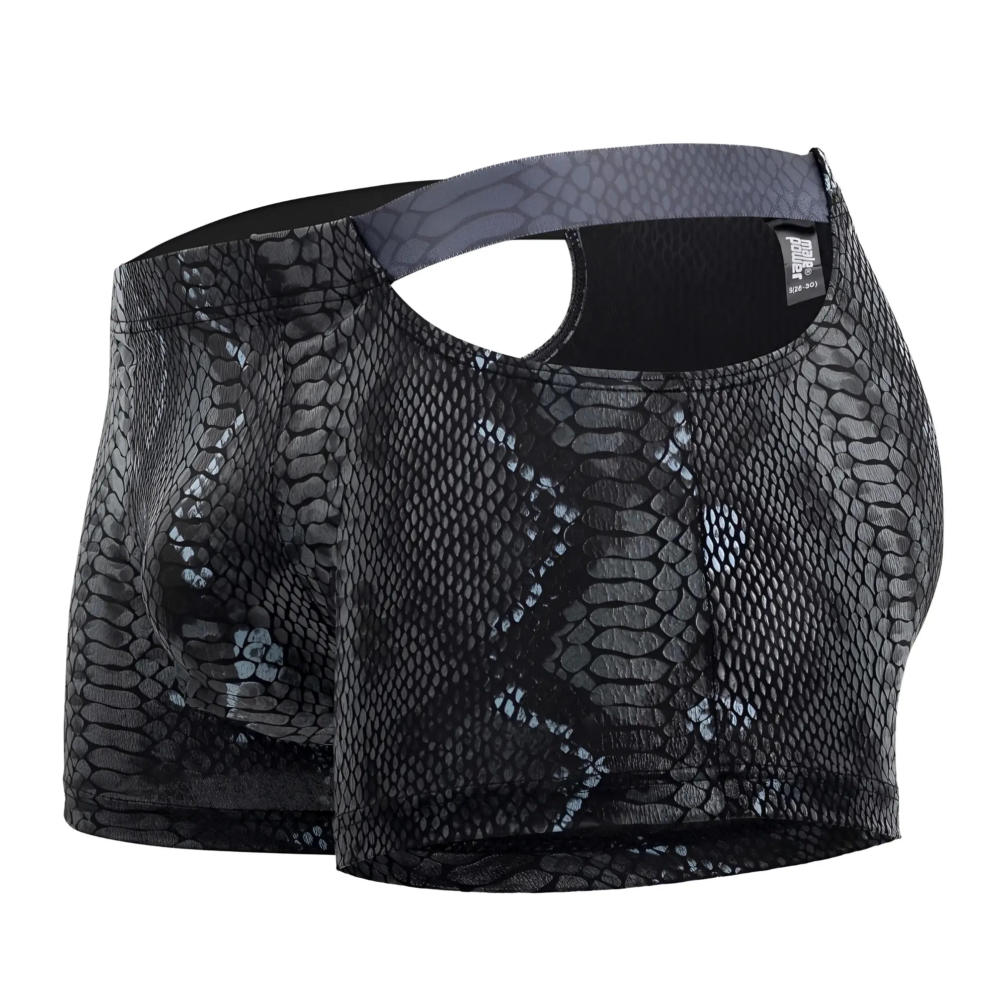 Male power 153-282 s-naked pouch short black-blue boxers with glossy snake-scale pattern and gray elastic waistband